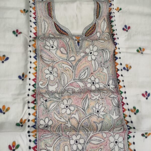 Kantha stitch Dress Material Salwar Suit 3 Piece (white colour)