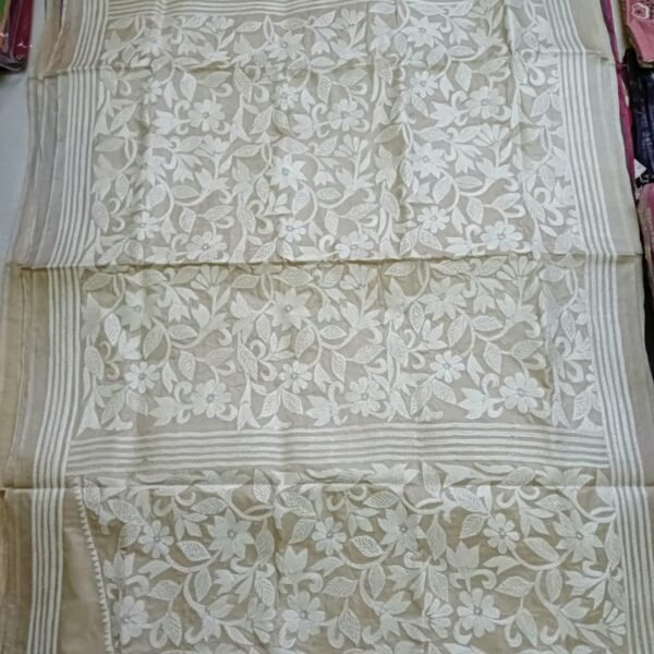 Dye Tussar and kantha stitch saree (flower white )