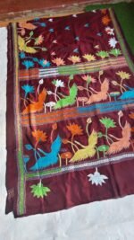Bengal Kantha Embroidery Art Silk Saree (brown colour) - Image 5