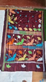 Bengal Kantha Embroidery Art Silk Saree (brown colour)