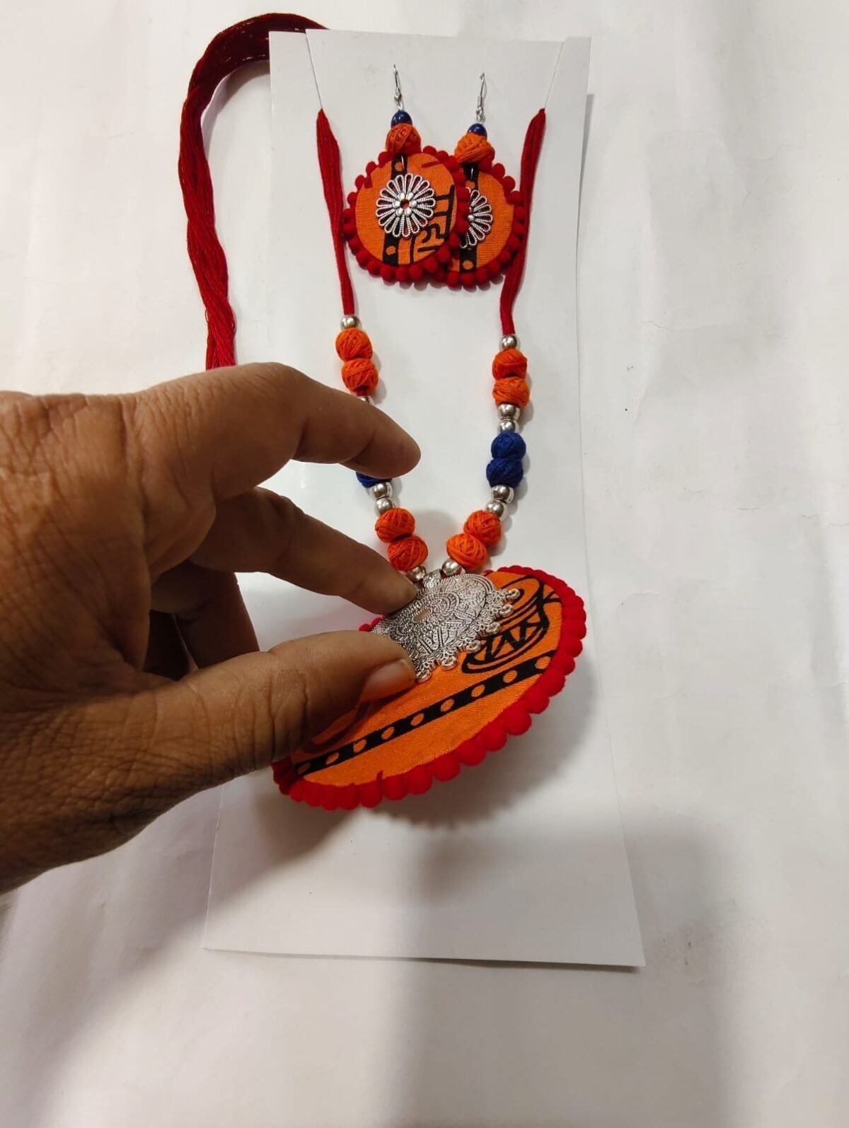 Handcrafted Fabric & Oxidized Pendant Jewellery Set - Image 3