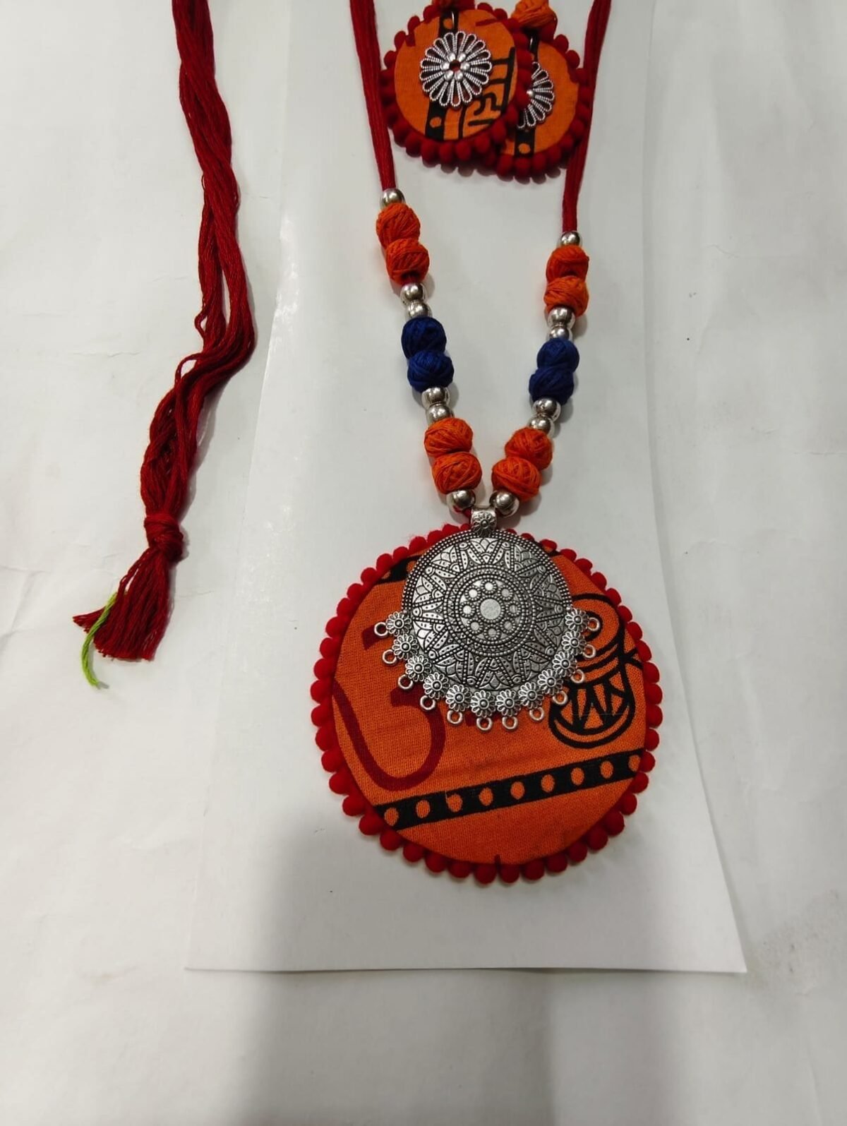 Handcrafted Fabric & Oxidized Pendant Jewellery Set - Image 4