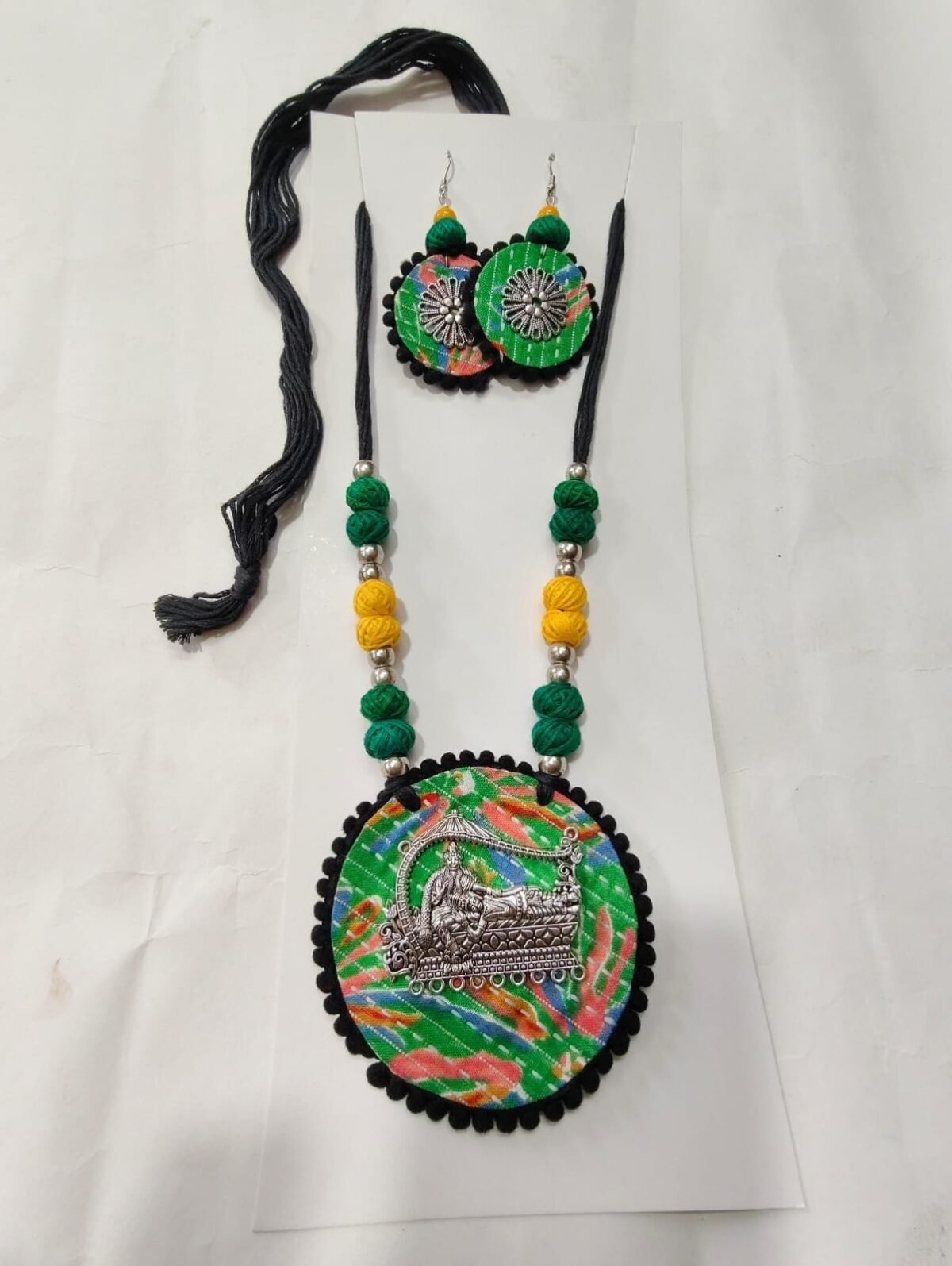 Handcrafted Fabric & Oxidized Pendant Jewellery Set - Image 1