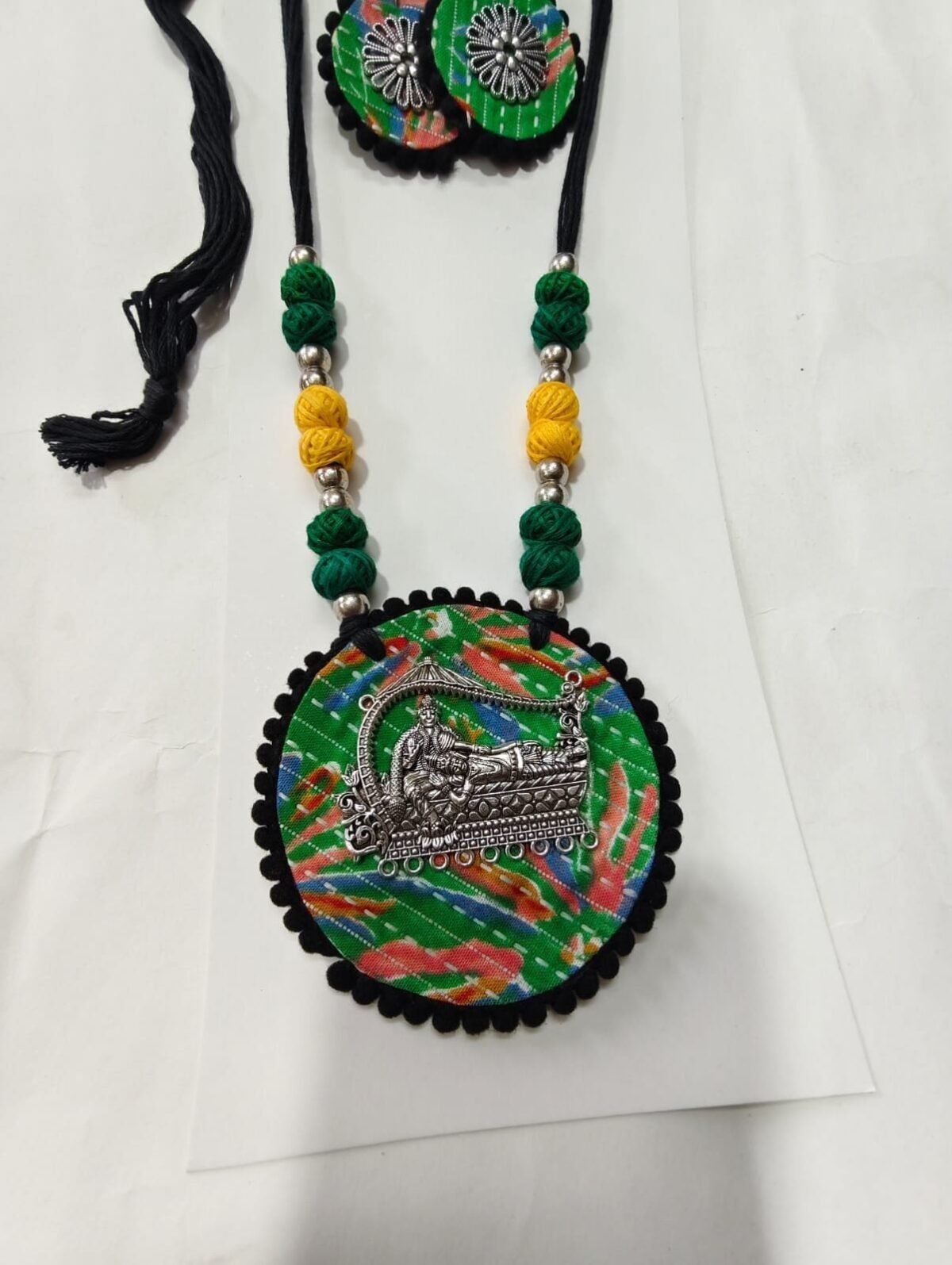 Handcrafted Fabric & Oxidized Pendant Jewellery Set - Image 4
