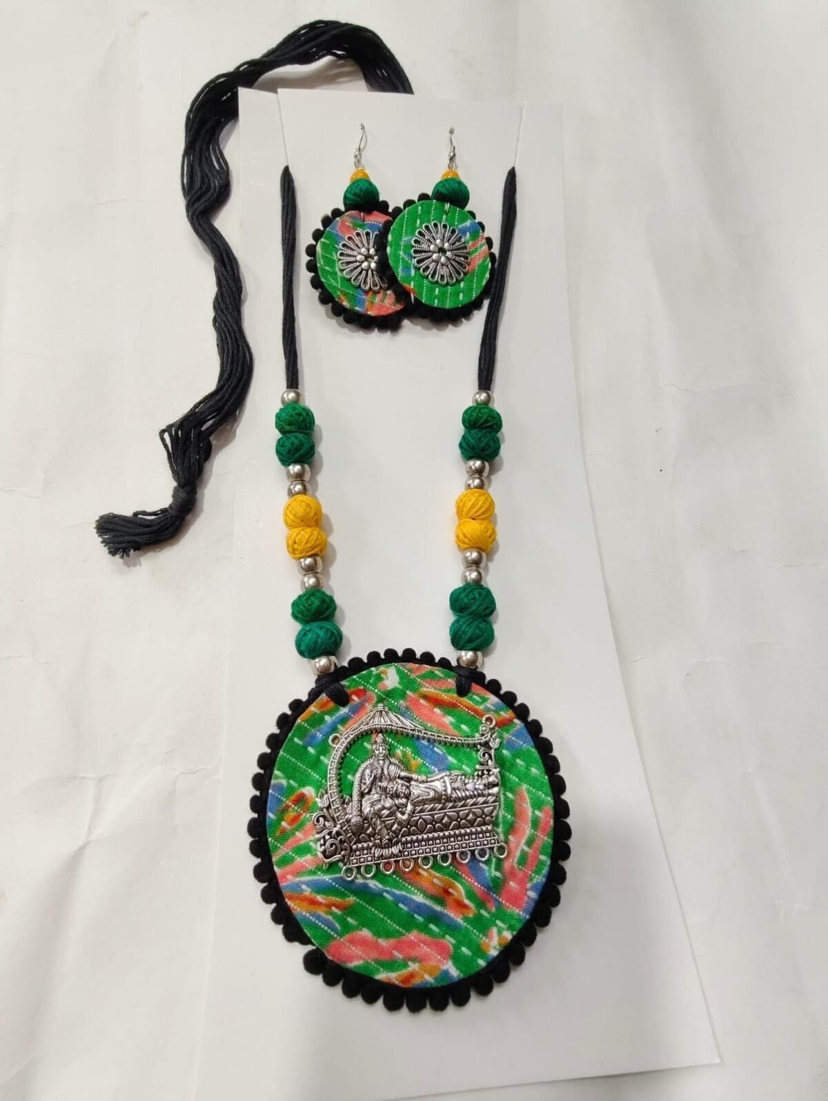 Handcrafted Fabric & Oxidized Pendant Jewellery Set - Image 3