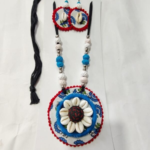 Handmade Shell and Fabric Jewelry Set Necklace and Earrings