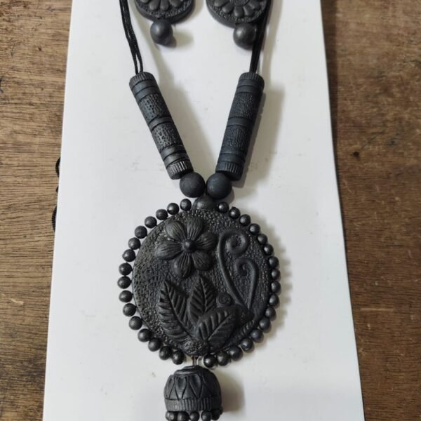 black colored terracotta handcraft necklace set flower and birds