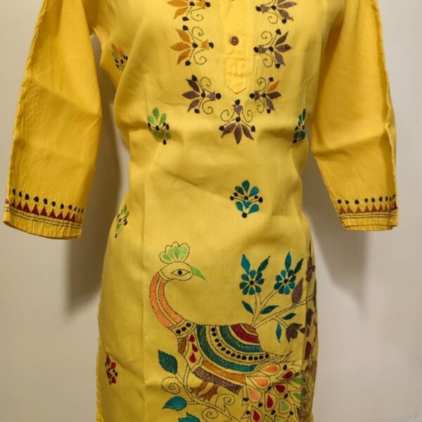 Kantha Stitch Long Kurti (yellow colour)