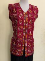 Handcrafted Cotton Kantha Stitch Sleeveless Jacket – Maroon with Multicolor Embroidery
