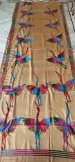 Handcrafted Art Silk Saree – Crane Bird Motifs on Golden Beige