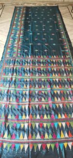 Handcrafted Kantha Stitch Art Silk Saree – Geometric Triangular Motifs