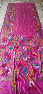 Handcrafted Kantha Stitch Art Silk Saree – Floral Embroidery on Bright