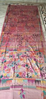 Handcrafted Kantha Stitch Art Silk Saree – Floral & Geometric Motifs on Pink