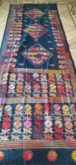 Handcrafted Kantha Stitch Art Silk Saree – Floral & Diamond Motifs on Deep Blue