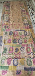 Handcrafted Kantha Stitch Art Silk Saree – Paisley & Floral Motifs on Beige