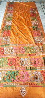 Handcrafted Kantha Stitch Art Silk Saree – Paisley & Floral Motifs on Orange
