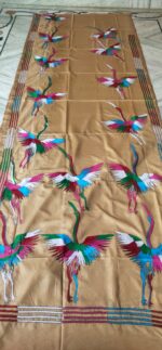 Handcrafted Kantha Stitch Art Silk Saree – Crane Motifs Beige