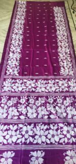 Handcrafted Kantha Stitch Art Silk Saree – White Floral Motifs on Magenta