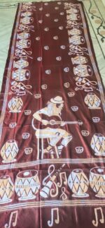 Handcrafted Kantha Stitch Art Silk Saree – Musical Motifs on Reddish Brown