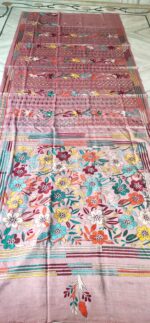 Handcrafted Kantha Stitch Art Silk Saree – Floral & Geometric Motifs on Pink