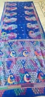 Handcrafted Kantha Stitch Art Silk Saree – Peacock Motifs Vibrant Blue