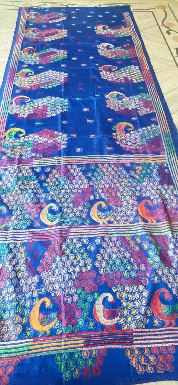 WhatsApp Image 2026-07-17 at 7.47.24 AM (1) Handcrafted Kantha Stitch Art Silk Saree – Peacock Motifs Vibrant Blue - Image 1