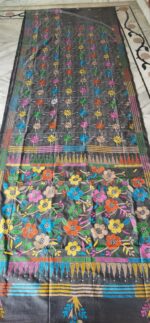 Handcrafted Kantha Stitch Art Silk Saree – Floral & Geometric Motifs on Dark Base