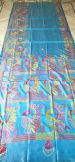 Handcrafted Kantha Stitch Art Silk Saree – Peacock Motifs on Bright Blue