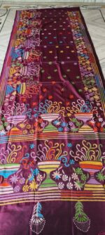 Handcrafted Kantha Stitch Art Silk Saree – Vase & Floral Motifs on Deep Maroon