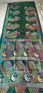 Handcrafted Kantha Stitch Art Silk Saree – White Floral Motifs on Green