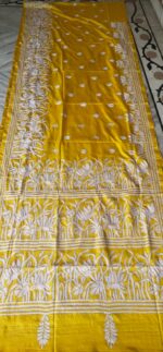 Handcrafted Kantha Stitch Art Silk Saree – Floral Motifs on Yellow