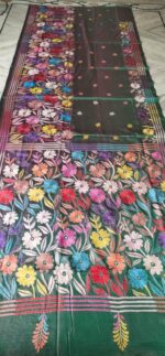 Handcrafted Kantha Stitch Art Silk Saree – Floral Embroidery on Dark Green