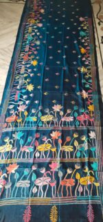Handcrafted Kantha Stitch Art Silk Saree – Geometric & Floral Motifs