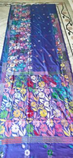 Handcrafted Kantha Stitch Art Silk Saree – Floral & Leaf Motifs on Turquoise Blue