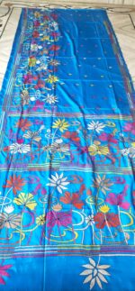 Handcrafted Kantha Stitch Art Silk Saree – Floral & Paisley Motifs on Blue