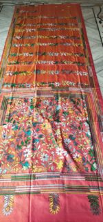 Handcrafted Kantha Stitch Art Silk Saree – Floral Motifs on Orang