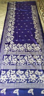 Handcrafted Kantha Stitch Art Silk Saree – Floral Motifs (Navy blue)