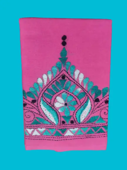 Women's Hand Embroidered Kantha Stitch Cotton Blouse Material (1 Meter) Pink