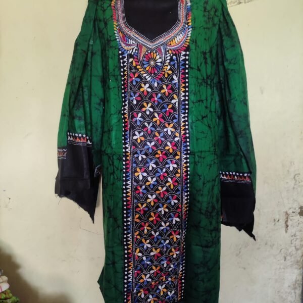 Kantha Stitch Hand Batik Salwar Suit Set (Green)