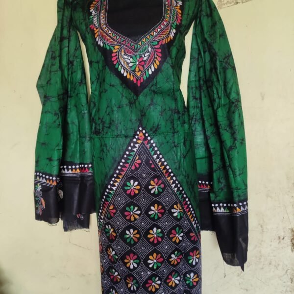 Kantha Stitch Hand Batik Salwar Suit for Women (Green)