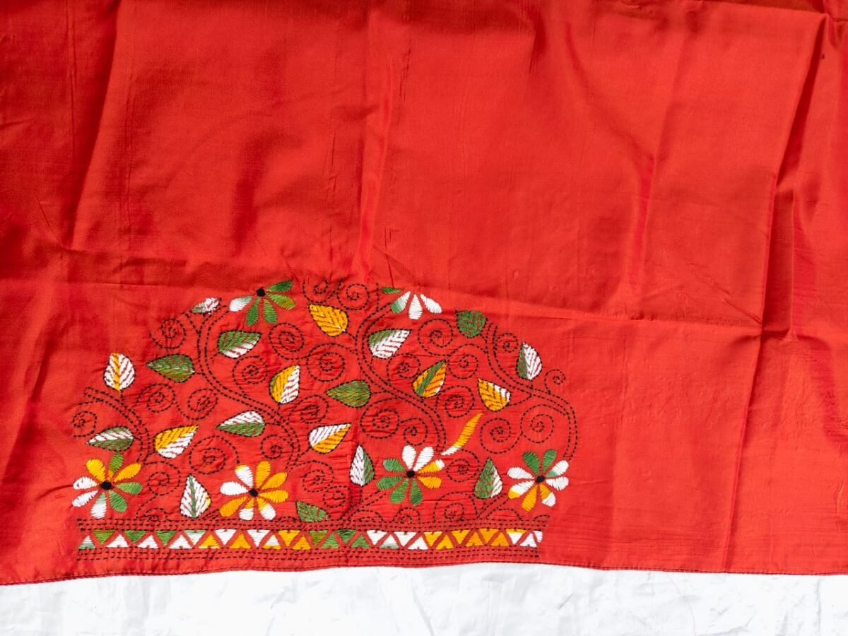 Premium Silk Kantha Stitch Blouse Piece (Orange) - Image 7
