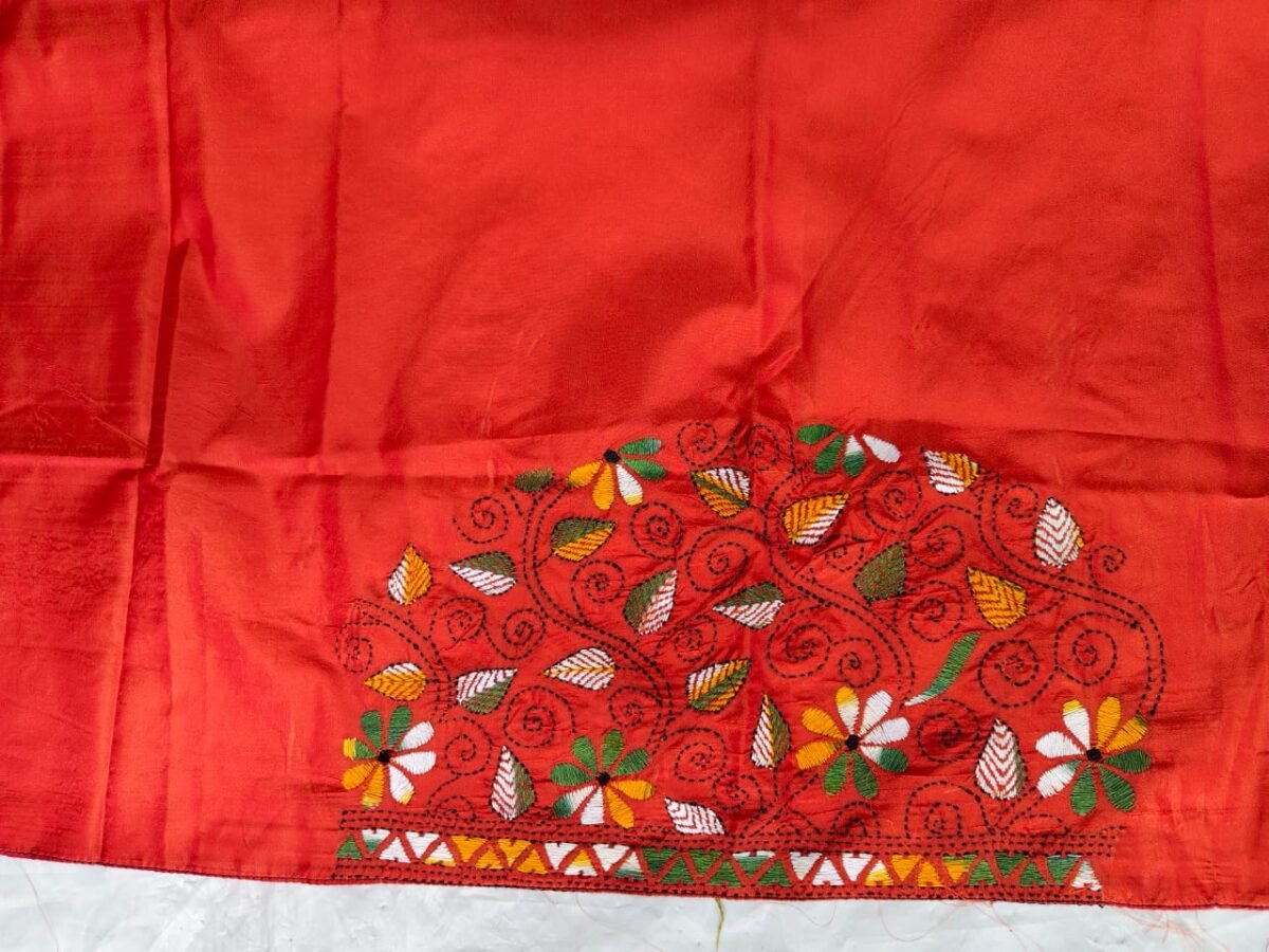 Premium Silk Kantha Stitch Blouse Piece (Orange) - Image 4