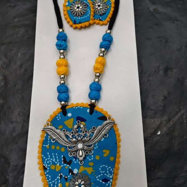 Fabric & Oxidized Pendant Jewellery (Sky blue)