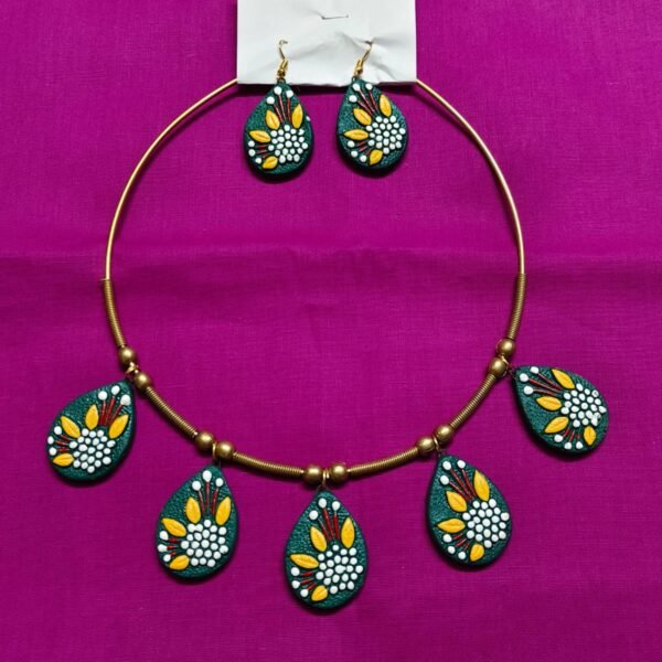 Handcrafted Green Terracotta Necklace Set with Floral Motif