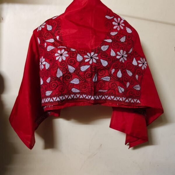 Silk Kantha Stitch Blouse Piece (Color - Tomato )