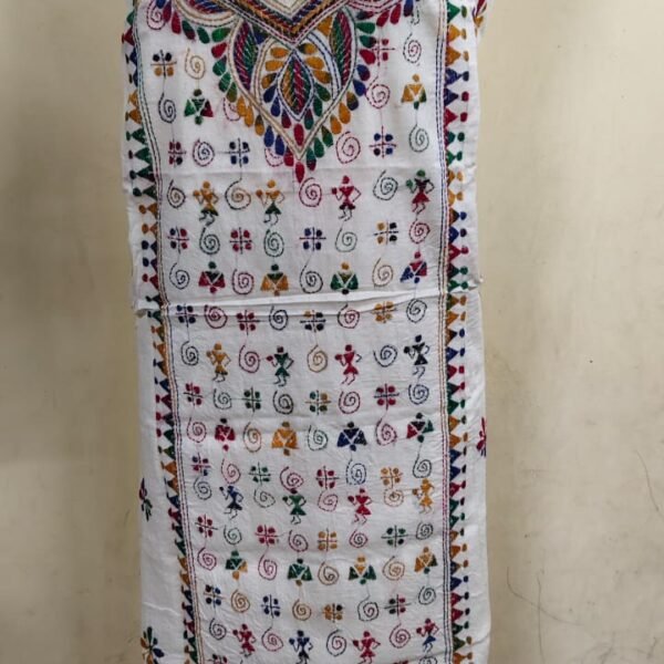 Cotton Kantha Kurti Material — White with Multicolor Embroidery