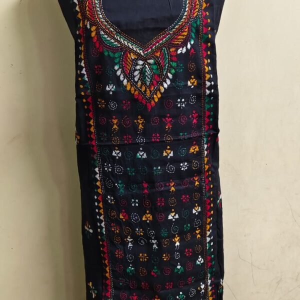 Cotton Kantha Kurti Material — Black with Colorful Embroidery