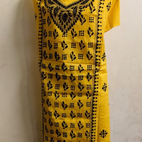 Cotton Kantha Kurti Material — Yellow with Black Embroidery