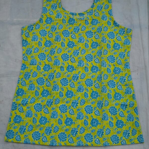 Bright Yellow & Blue Floral Cotton Printed Sleeveless Top