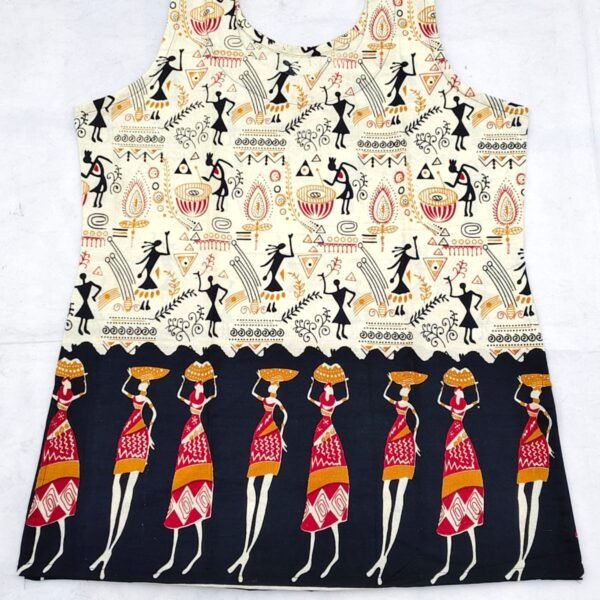Tribal Art Print Cotton Sleeveless Top with Village Women Motif